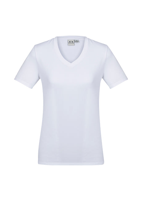 Ladies Aero Tee in white, size 24, featuring a v-neck, lightweight anti-shrink fabric, and stylish heathered marle design.