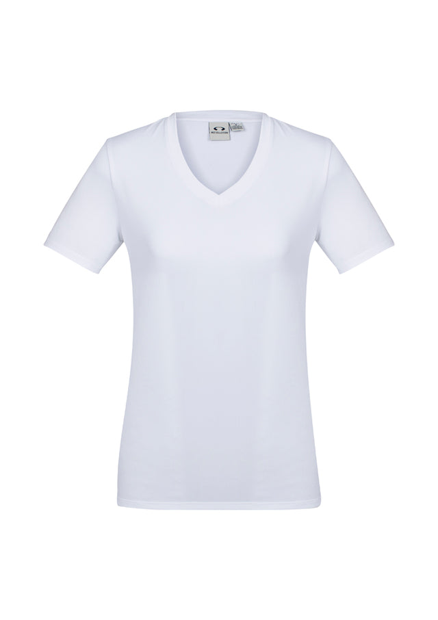 Ladies Aero Tee in white, size 24, featuring a v-neck, lightweight anti-shrink fabric, and stylish heathered marle design.