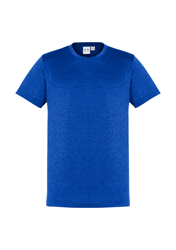 Mens Aero Tee in Electric Blue, size M; lightweight, breathable polyester with modern heathered effect, ideal for workouts.
