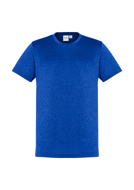 Men's Electric Blue Aero Tee in size L, featuring lightweight BIZ COOL™ fabric, heathered marle design, and UPF protection.