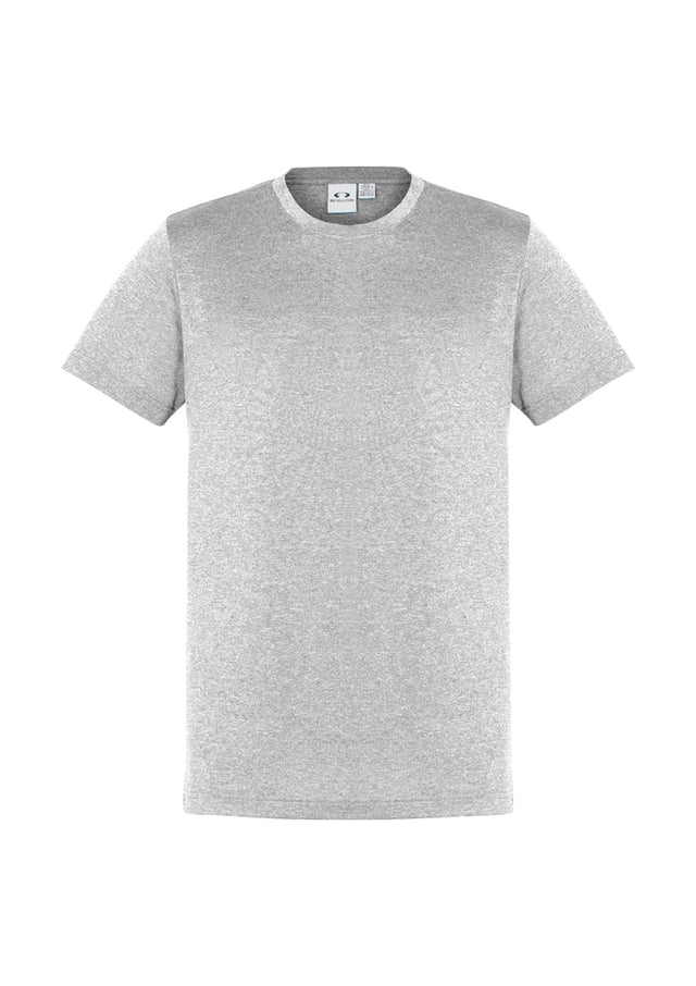 Men's Aero Tee in silver, size M, featuring lightweight BIZ COOL™ fabric, heathered design, and classic crew neck for comfort.