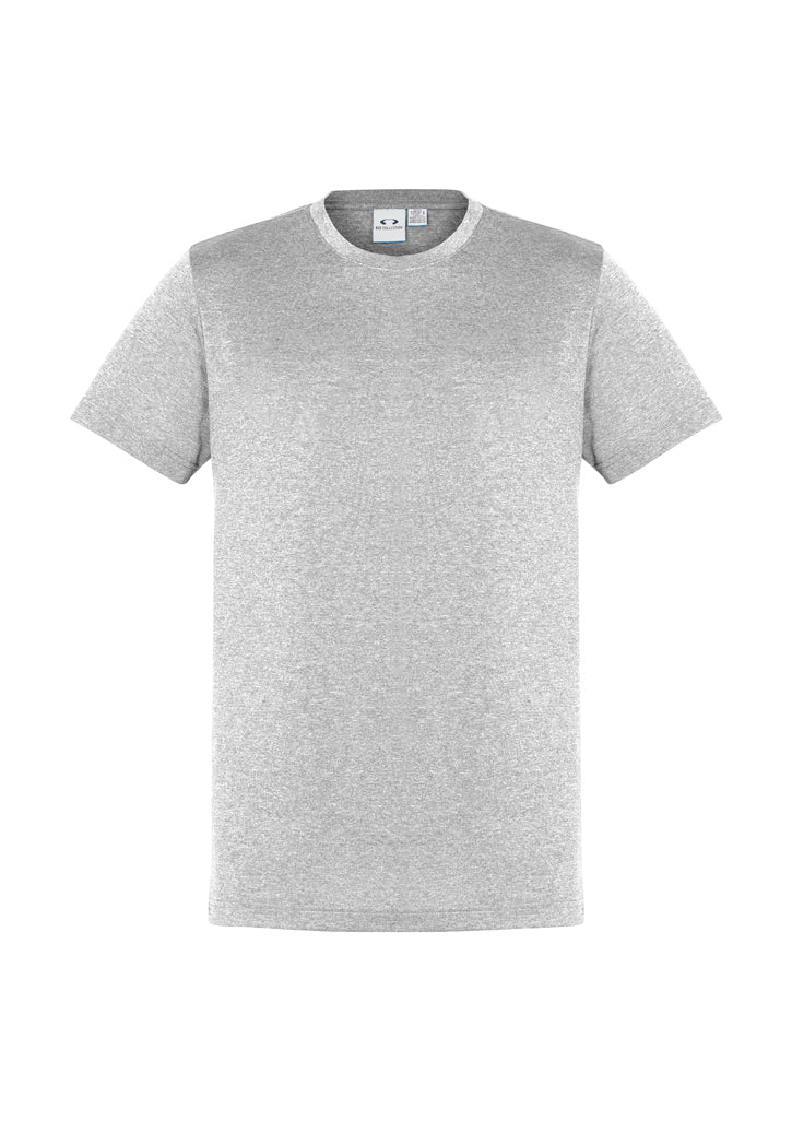 Men's silver Aero Tee in size S, featuring lightweight anti-shrink fabric, UPF protection, and a stylish heathered marle design.
