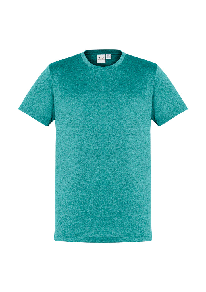 Men's Aero Tee in teal, size S; lightweight, soft, anti-shrink fabric with UPF protection and heathered marle effect for style.