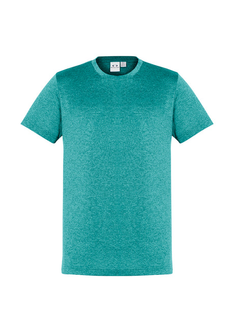 Men's Aero Tee in teal, size S; lightweight, soft, anti-shrink fabric with UPF protection and heathered marle effect for style.