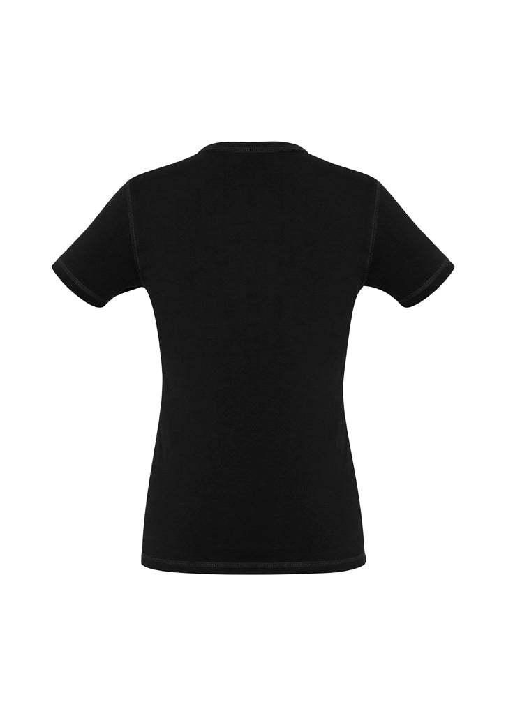 Black Ladies Vintage Tee from Biz Collection, size 10, features a stone-washed finish, crew neck, and unique button accents.