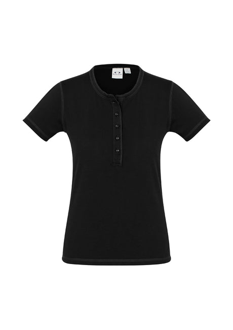 Ladies Vintage Tee in black, size 14, showcasing a relaxed fit, crew neck, and stylish Henley placket with buttons.