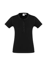 Black Ladies Vintage Tee in Size 10, featuring a stone-washed finish, crew neck, and Henley placket with stylish buttons.