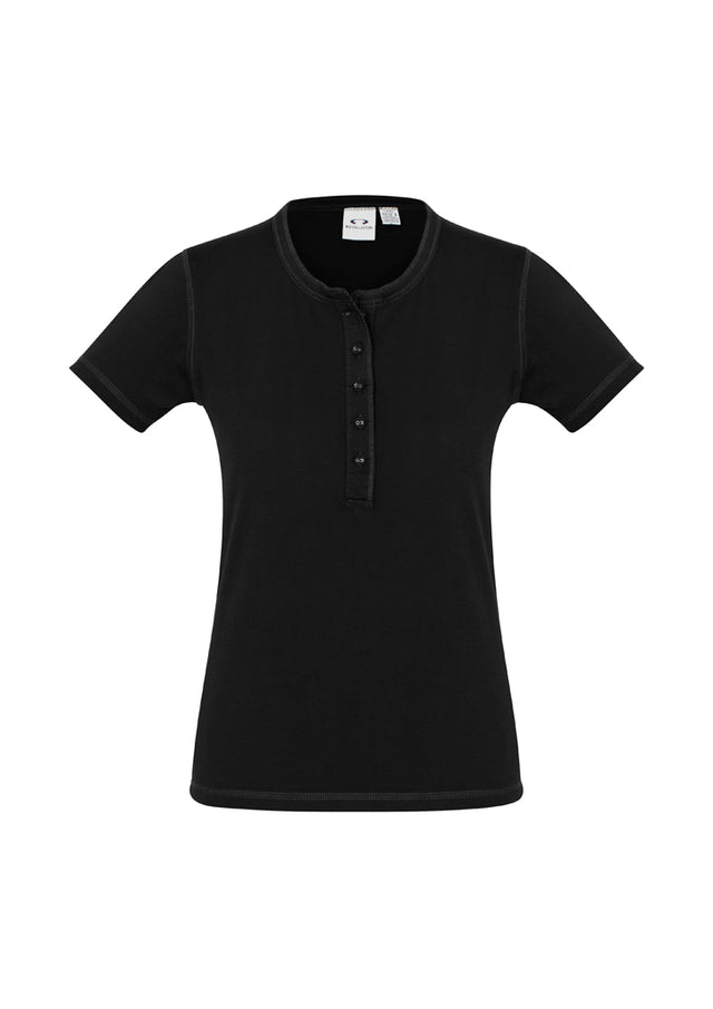 Black Ladies Vintage Tee in Size 10, featuring a stone-washed finish, crew neck, and Henley placket with stylish buttons.