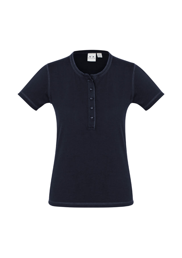 Ladies Vintage Tee in Ink color, size 12, featuring a crew neck, Henley-style placket, and stone-washed finish for a chic look.