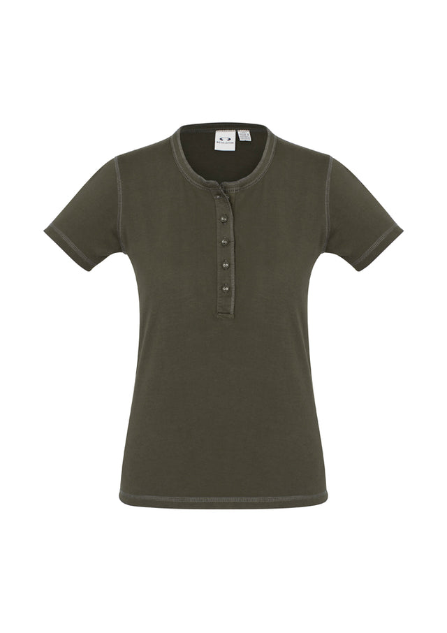 Ladies Vintage Tee in Olive, Size 16, featuring crew neck, stone-washed finish, and Henley placket for a stylish, relaxed fit.