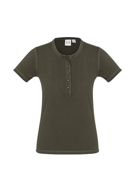 Ladies Vintage Tee in Olive, Size 12, featuring a crew neck, stone-washed finish, and UPF sun protection.