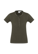 Olive vintage tee in size 18 with crew neck, stone-washed finish, and Henley placket for stylish comfort.