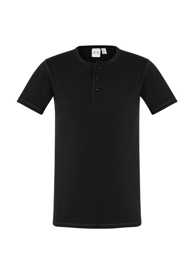 Men's Vintage Black Tee, Size S, made from 100% cotton, featuring a crew neck, henley-style placket, and stone-washed finish.