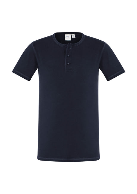 Mens Vintage Tee in Ink, size L, featuring a stone-washed finish, crew neck, and Henley placket with fish-eye buttons.