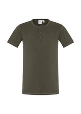 Men's olive vintage tee in 2XL, crafted from soft cotton, featuring a Henley placket and stone-washed finish for a stylish look.