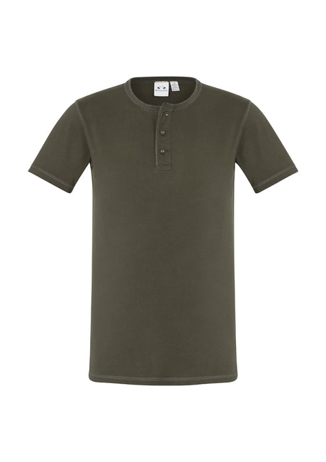 Men's vintage olive tee in size L, featuring a relaxed fit, stone wash finish, and stylish Henley placket. Ideal for casual wear.
