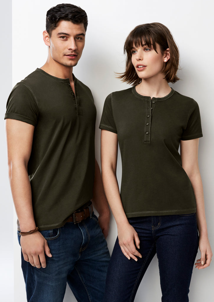 Ladies Vintage Tee in black, size 10; features breathable cotton, vintage stone-washed finish, and stylish Henley placket.