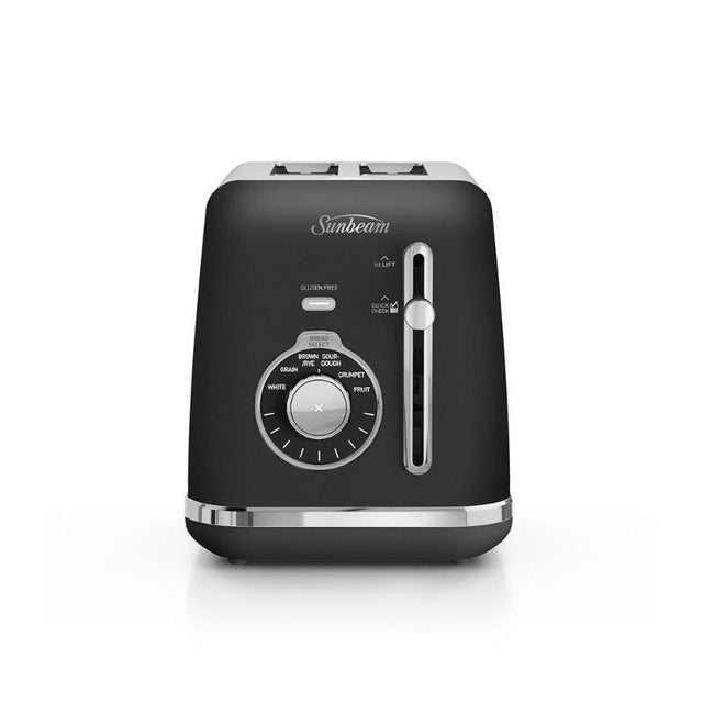 Sleek black Sunbeam ALINEA SELECT toaster with 6 bread options and adjustable browning settings for perfect toast every time.