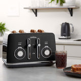 Sleek black Sunbeam Alinea™ 4 Slice Toaster with 9 browning settings, gluten-free option, and a stylish matte finish.