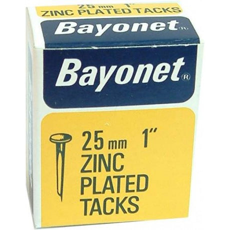 Zinc tacks in a 100gm packet, featuring a narrow head for precision upholstery and crafting projects, 25mm long.