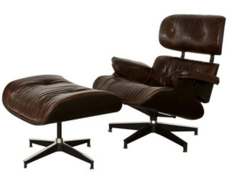 Eames Style Chair and Footstool in Vintage Cigar, featuring top grain leather and solid timber frame for timeless elegance.