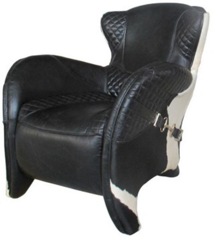 Rodeo Single Chair in black leather with cow skin, featuring a solid timber frame and unique saddlery-inspired design.