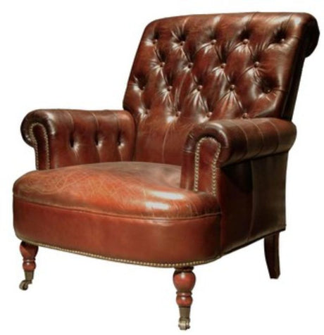 Elegant Waldorf Vintage Cigar armchair in dark brown leather, featuring button-back design and sturdy oak legs. Ideal for stylish comfort.