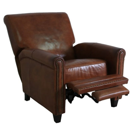 Vintage Cigar Brown recliner featuring top grain leather, solid timber frame, and brass nail detailing for classic elegance.