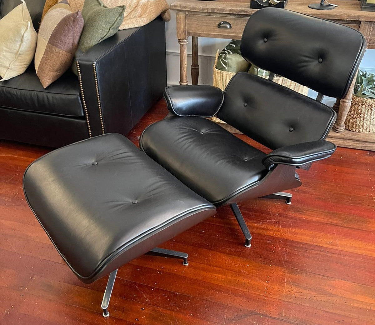 Eames Style Chair & Stool set in Belon Black, featuring premium leather upholstery and mid-century modern design.