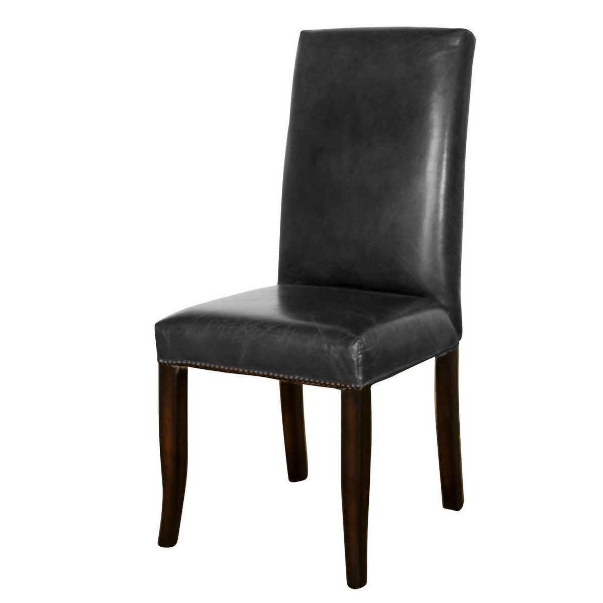 Elegant Philadelphia Dining Chair in Belon Black, crafted from top grain leather with brass accents and solid wood frame.