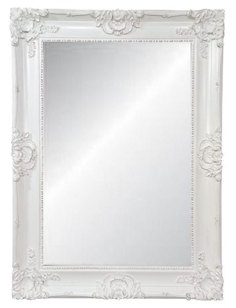 Ornate bevelled antique mirror in white, 220cm tall, featuring intricate detailing and stylish design for elegant home decor.