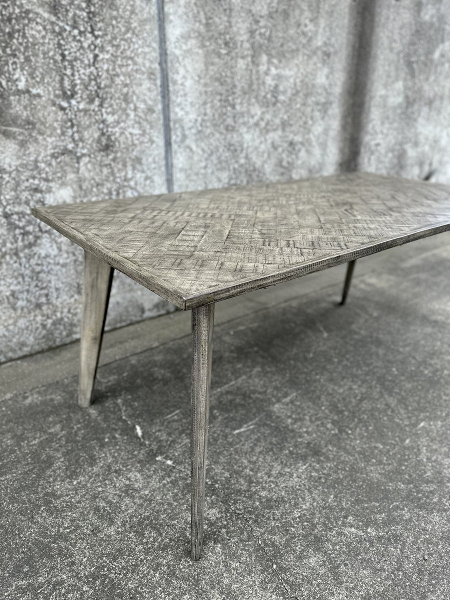 Nordic Herringbone Grey dining table with reclaimed mango wood legs, 180cm, showcasing an elegant herringbone pattern.