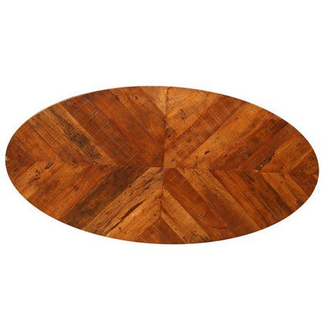 Elegant oval dining table with walnut finish, center cross legs, seats 8, crafted from reclaimed mango wood.