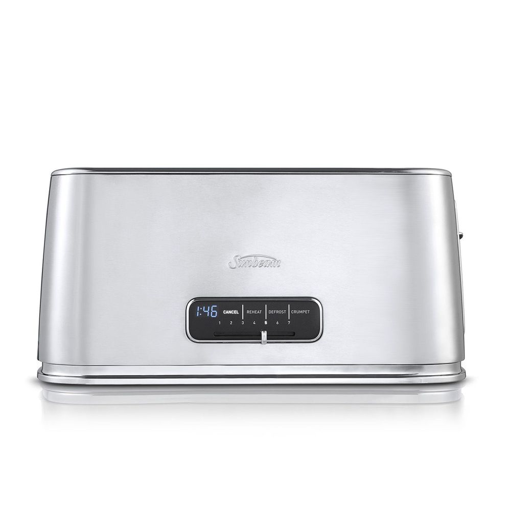 Sleek stainless steel 4-slice toaster with LED timer, 7 browning settings, and versatile functions for perfect toast every time.