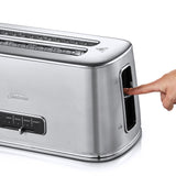 Stylish stainless steel 4 slice toaster with LED timer, 7 browning settings, high lift lever, and versatile functions for perfect toast.