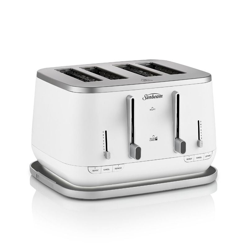 Elegant white 4-slice toaster from the Kyoto City Collection with customizable browning settings and warm illumination.