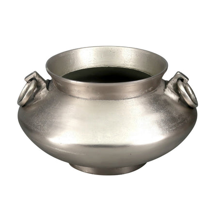 Round handle pot in silver aluminium, featuring a sleek design and perfect for indoor gardening or stylish storage.