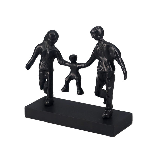 Couple with child sculpture in black aluminium on sleek MDF base, symbolizing love and family bonds in modern decor.