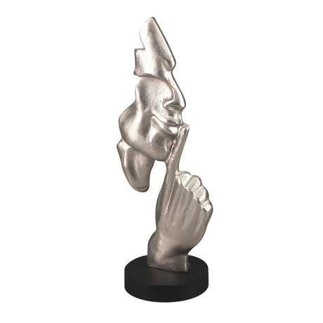 Aluminium silver Silence Sculpture on a black MDF base, elegant modern decor centerpiece standing 395 mm tall.