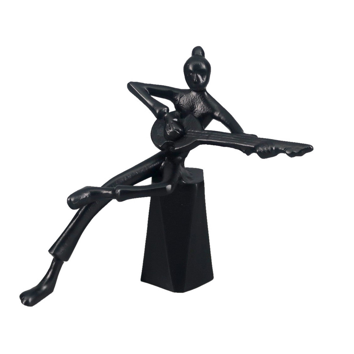 Black aluminium musician sculpture, modern art piece, blends elegance with contemporary style, perfect for home decor.