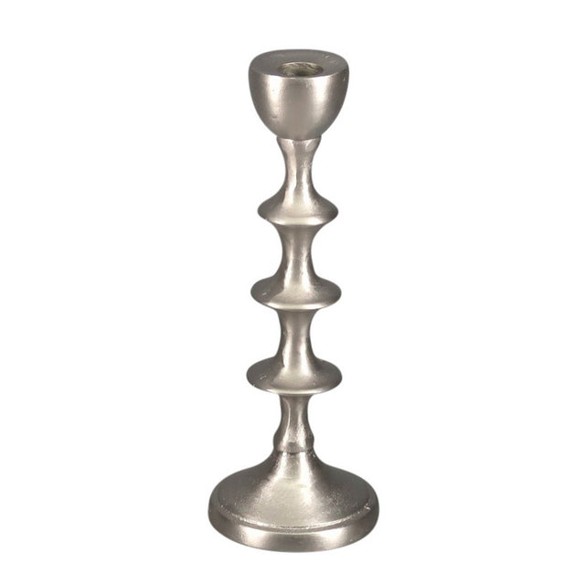 Elegant small tiered candle holder in lustrous aluminium silver, perfect for enhancing modern home decor and creating ambiance.