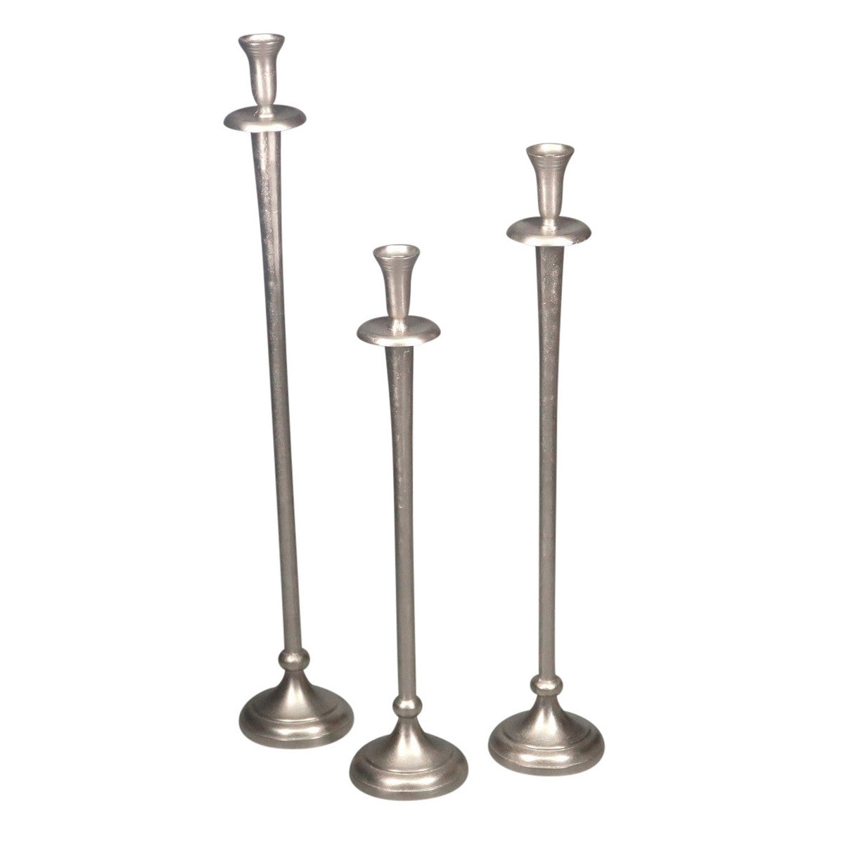 Small round aluminium silver candle holder, elegantly crafted for decor, measures 130x130x590mm, ideal for any room ambiance.