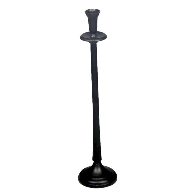 Small black aluminium round candle holder, 130x130x590mm, elevates home decor with its elegant design and lustrous finish.