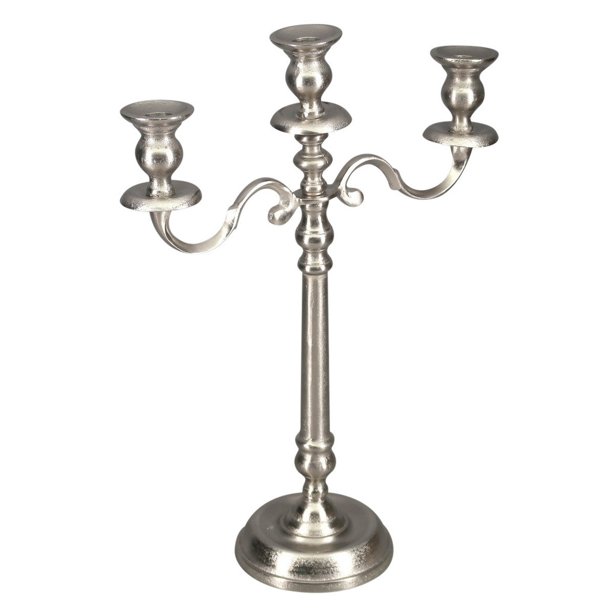 Three elegant candle holder crafted from aluminum in lustrous silver, perfect for enhancing home decor and creating ambiance.