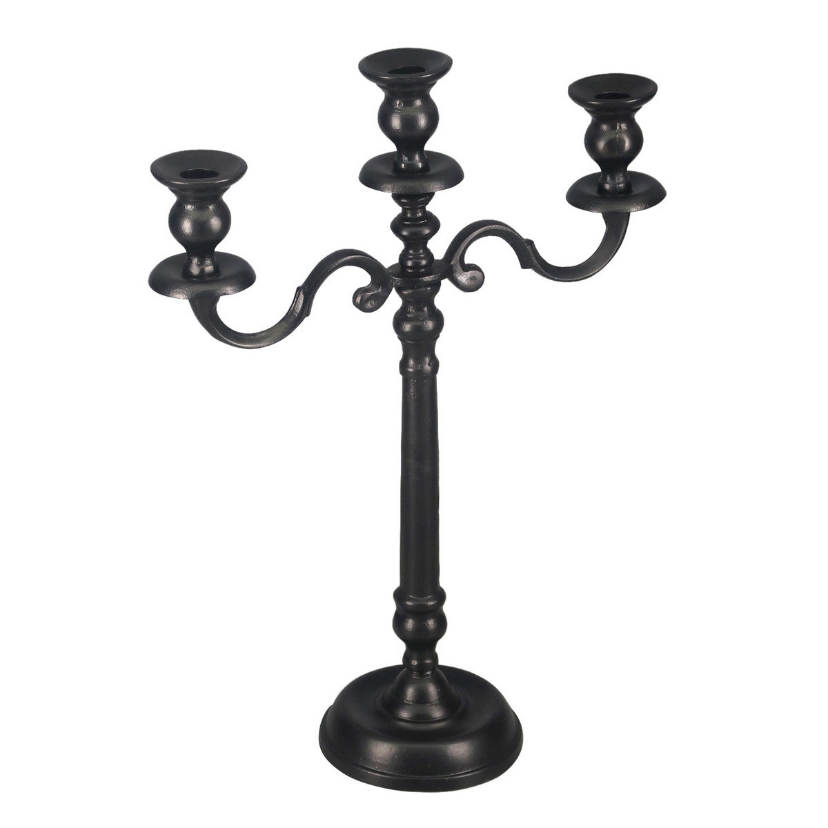 Elegant three-candle holder in black aluminum, perfect for enhancing home decor and creating a cozy ambiance.