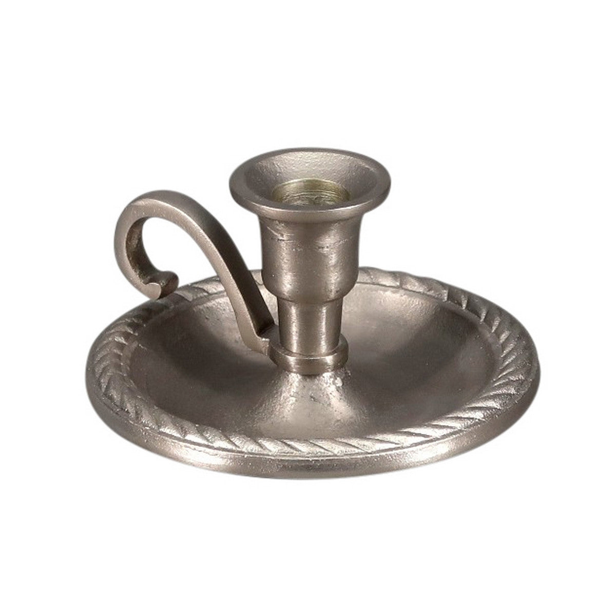 Elegant aluminium silver candle holder with handle, perfect for tea lights and pillar candles, enhancing any home decor.