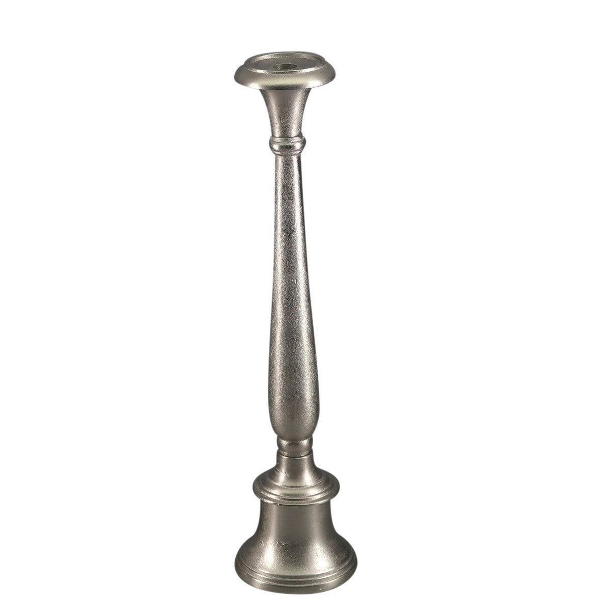 Silver aluminium tall pillar holder with a round base, adding sophistication and elegance to any decor.