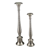 Tall silver aluminium pillar holder with round base, elegant design perfect for enhancing home decor and creating ambiance.