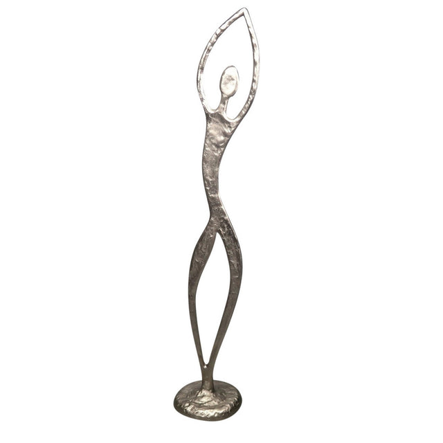 Sleek silver aluminum figurine with arms raised, symbolizing positivity and elegance, perfect for modern home decor.