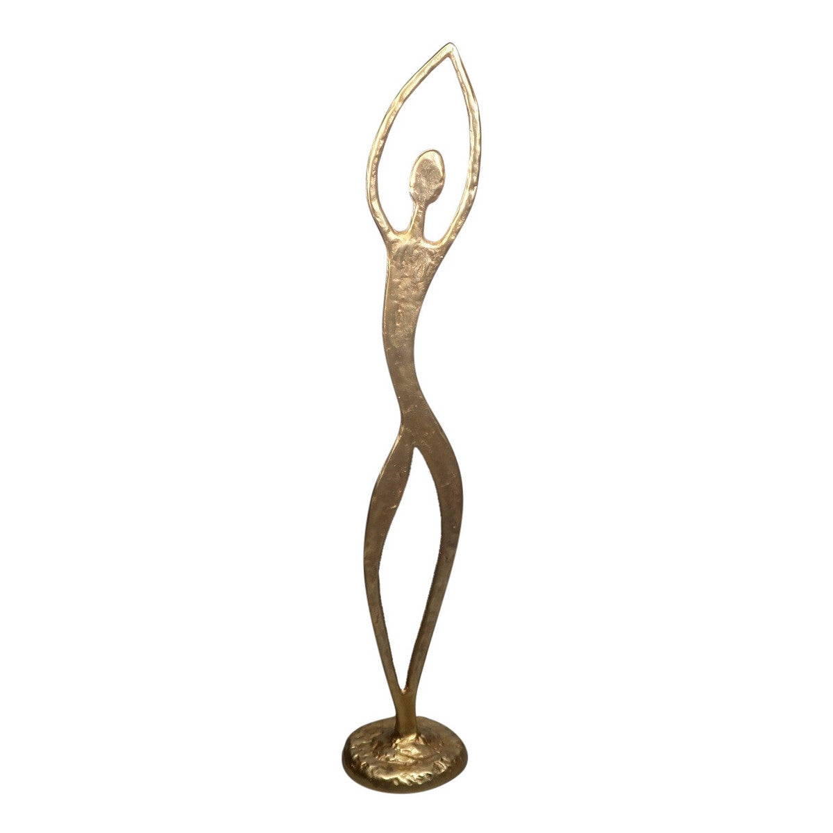 Gold aluminum figurine with arms upwards, symbolizing triumph, perfect for elegant home decor and bold statement pieces.